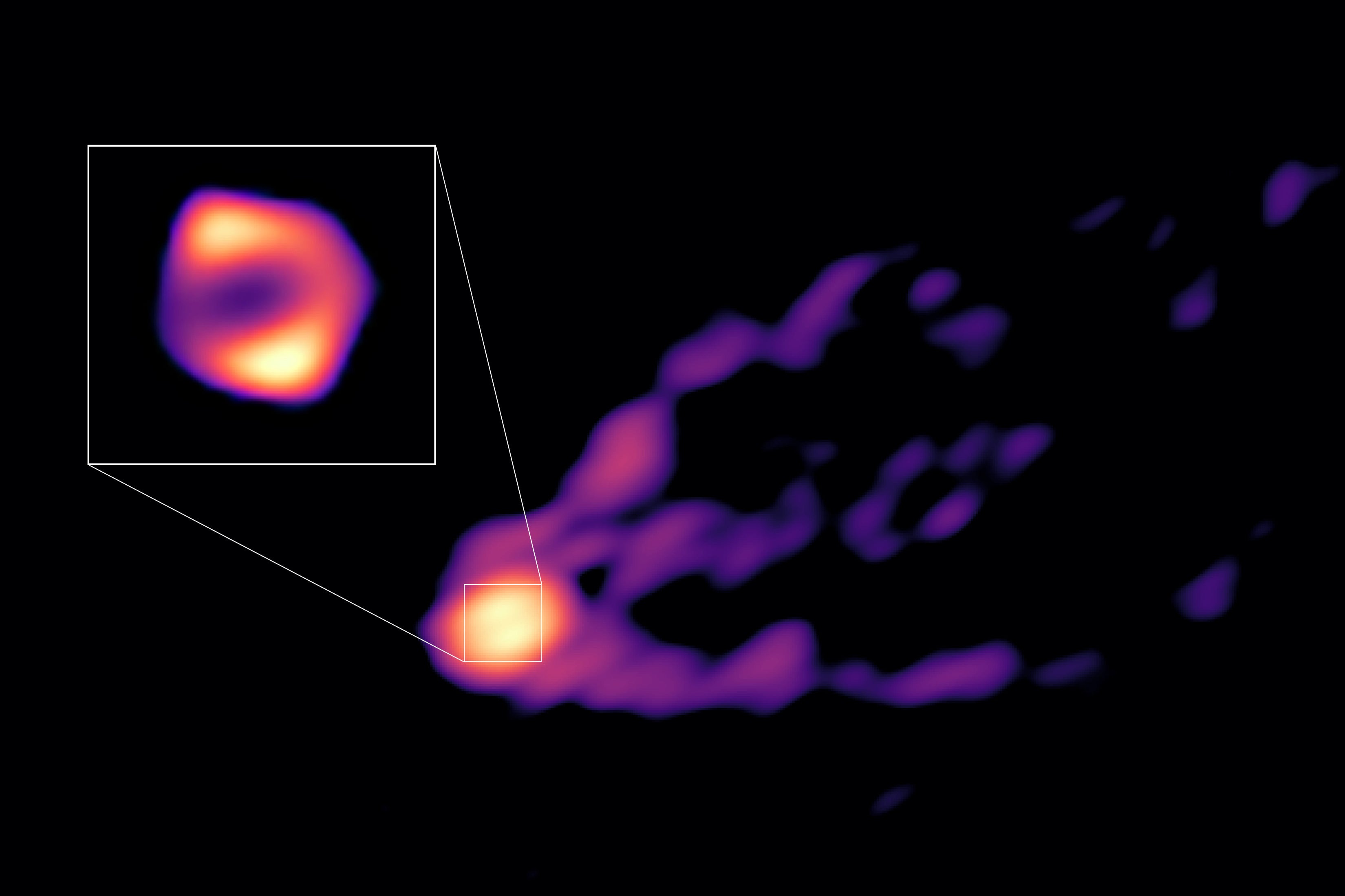 The new image, showing the shadow (inset) and jet of the M87 black hole. (Image: R.-S. Lu (SHAO), E. Ros (MPIfR), S. Dagnello (NRAO/AUI/NSF))