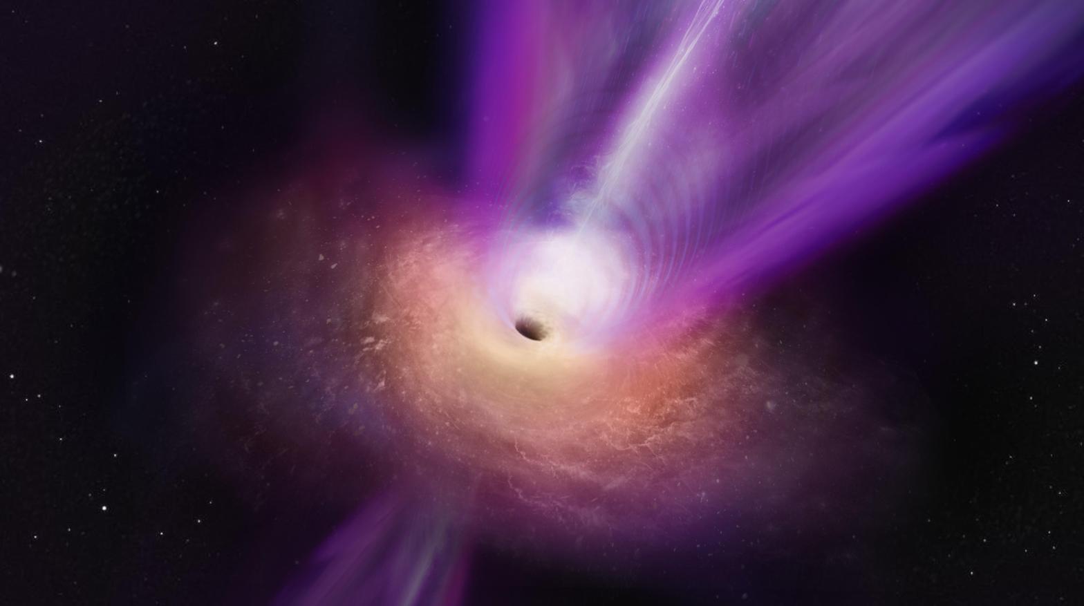 An artist's illustration of the black hole at the heart of M87 spewing forth a massive jet. (Illustration: S. Dagnello (NRAO/AUI/NSF))