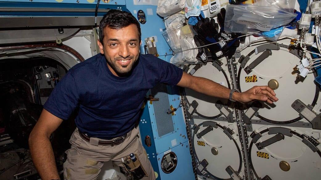 Expedition 68 Flight Engineer Sultan Alneyadi inside the Kibo laboratory module during his first week aboard the International Space Station. (Photo: NASA)