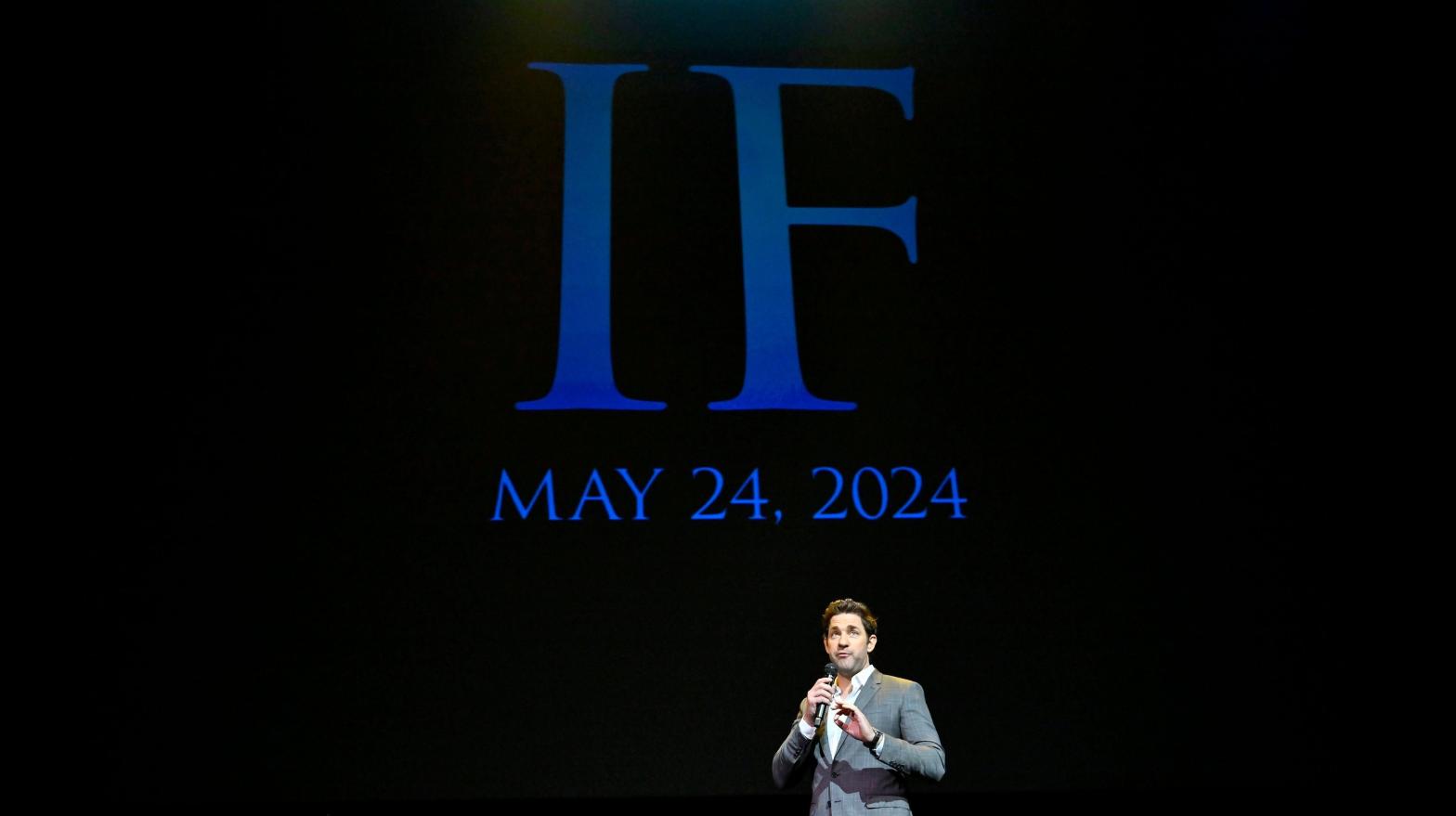 John Krasinski on stage at CinemaCon 2023, talking about IF.  (Image: Paramount)