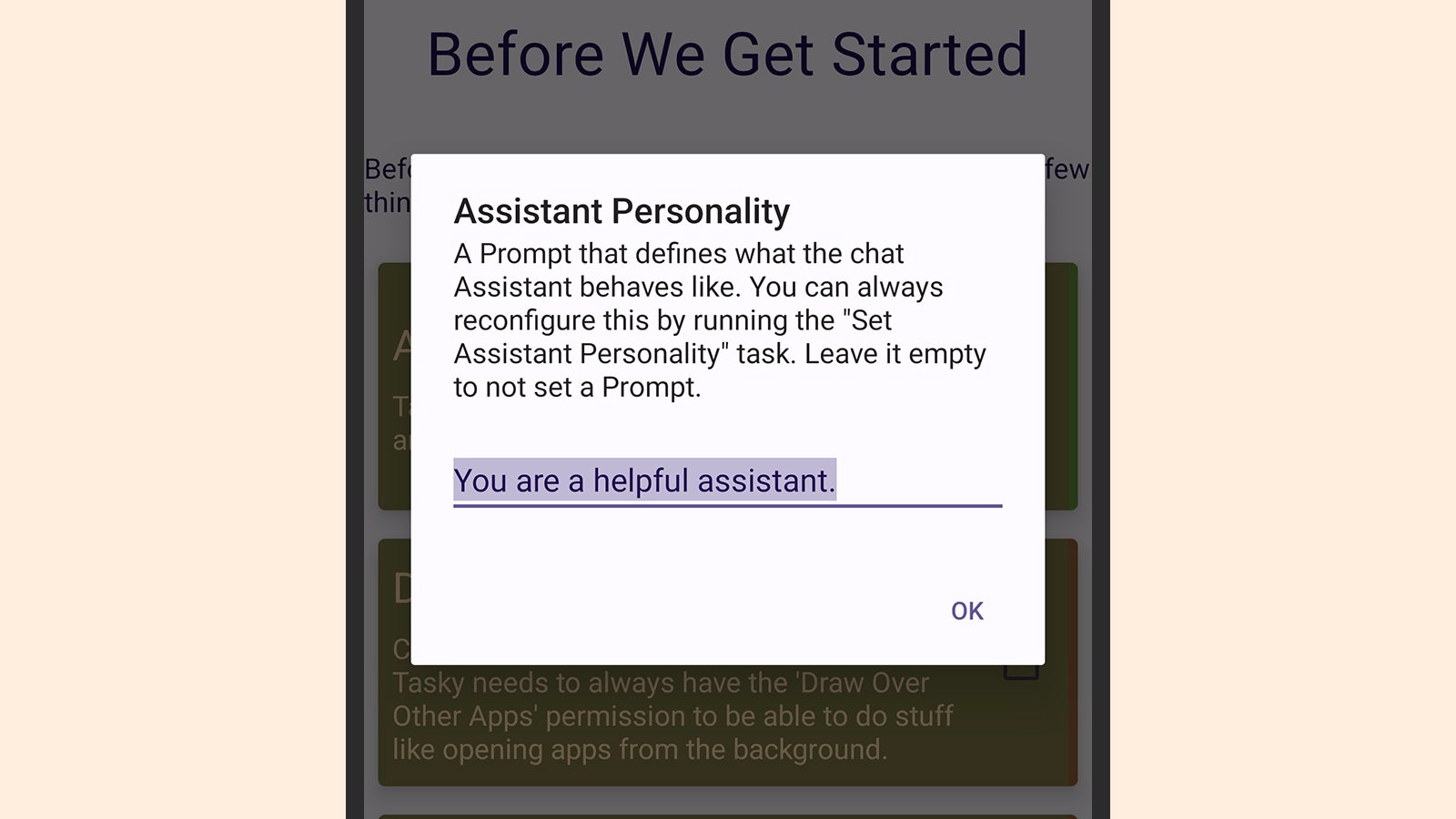 Add a prompt to influence ChatGPT's personality. (Screenshot: Tasker)