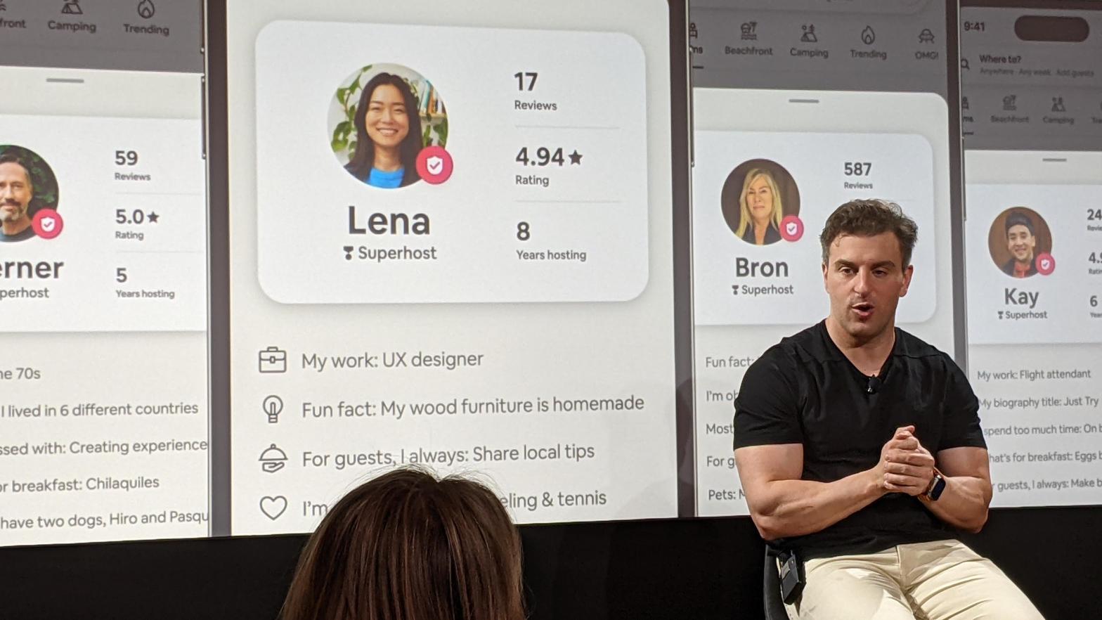 Airbnb CEO Brian Chesky introduced a new 'Host Passport' feature that breaks down a host's full bio, including snippets of their hobbies and passions. (Photo: Kyle Barr / Gizmodo)