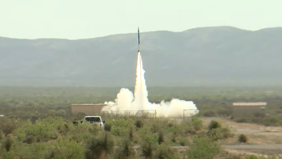 The UP Aerospace rocket shortly before its exploded on Monday, May 1, 2023. (Screenshot: KVIA)
