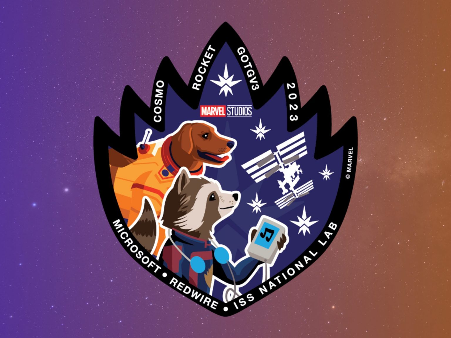 The mission patch, featuring Rocket and Cosmo.  (Image: Redwire)