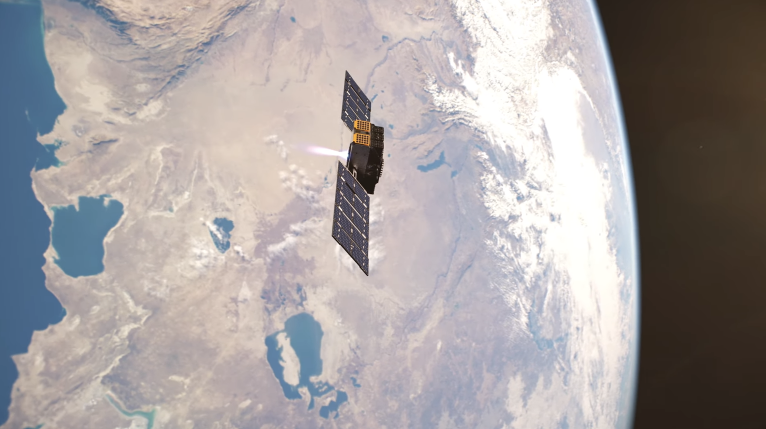 Depiction of a Momentus Vigoride Orbital Transfer Vehicle in Earth orbit.  (Screenshot: Momentus Space)