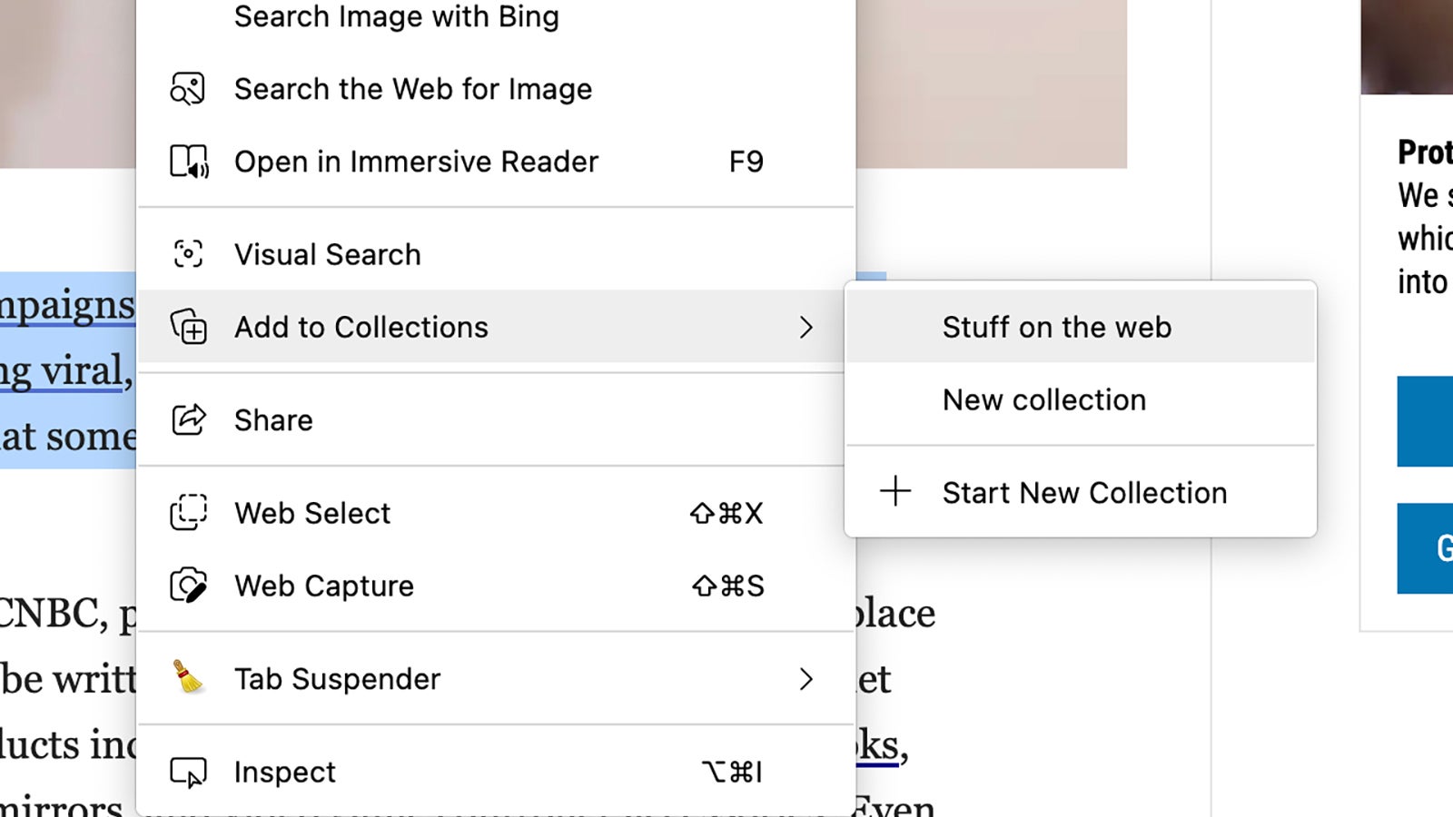 Save items to a collection with a right-click. (Screenshot: Microsoft Edge)