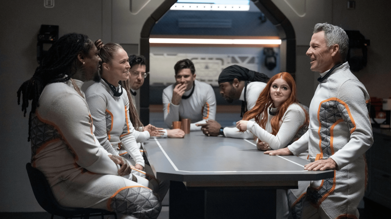 The cast of the reality show on set at the simulated Martian environment.  (Photo: Fox)