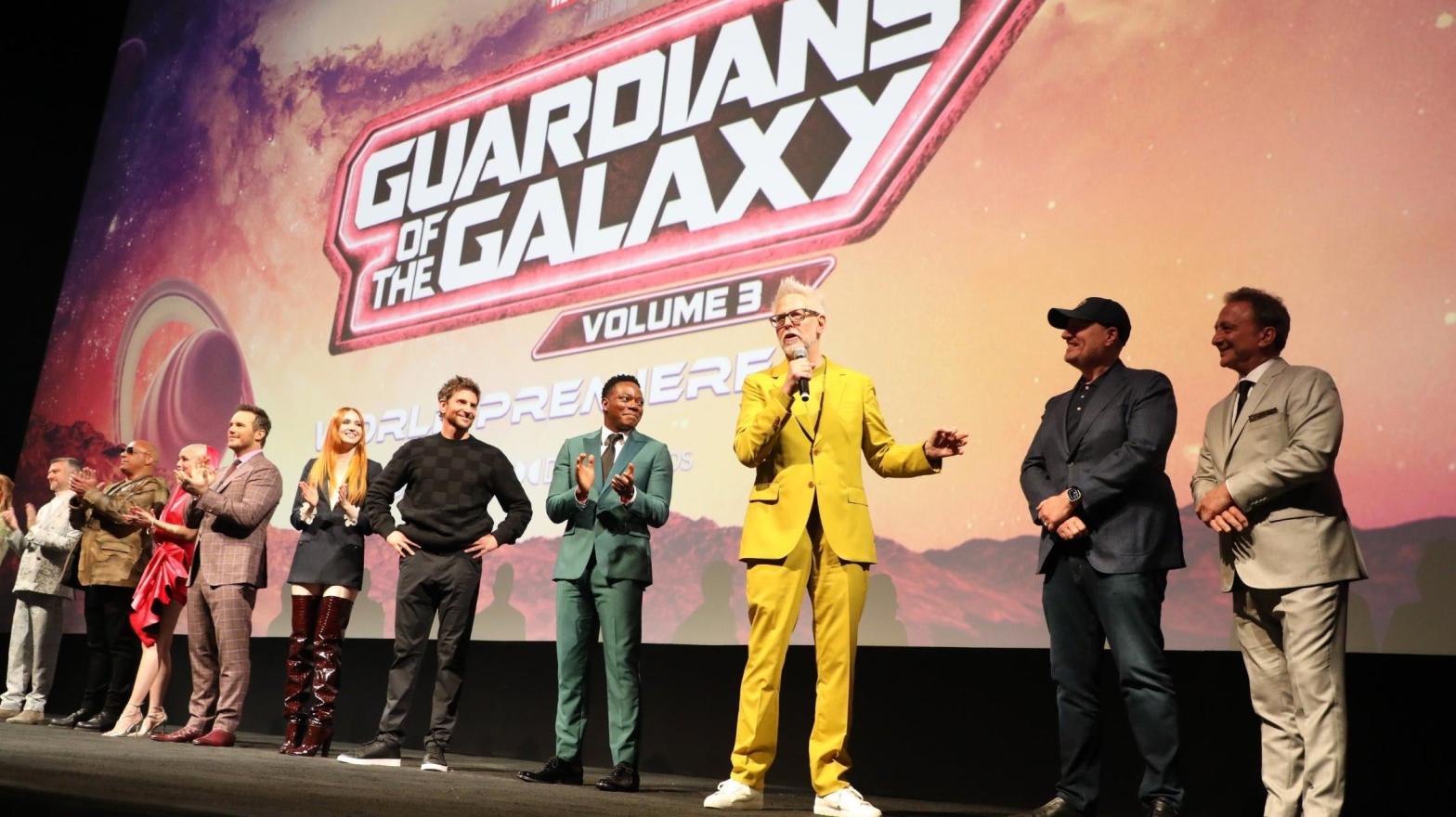 James Gunn with some of the cast and crew of Guardians of the Galaxy Vol. 3. (Image: Alex J. Berliner/AB Images for Disney)