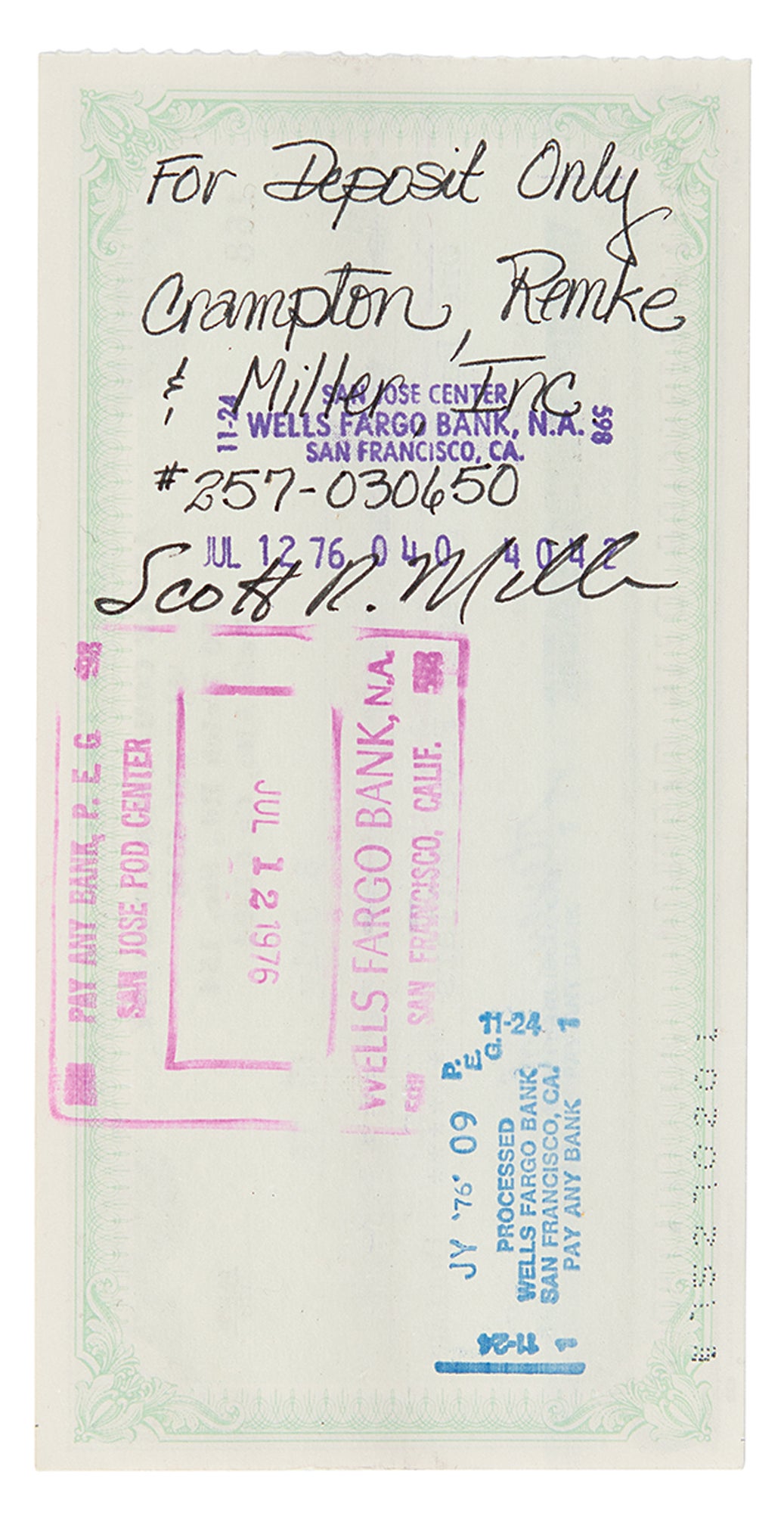 The back side of the check, which was received by Wells Fargo four days after it was written.  (Image: RR Auction)
