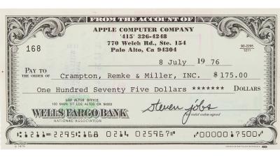 A $175 Check Signed by Steve Jobs in 1976 Just Sold for $107,000