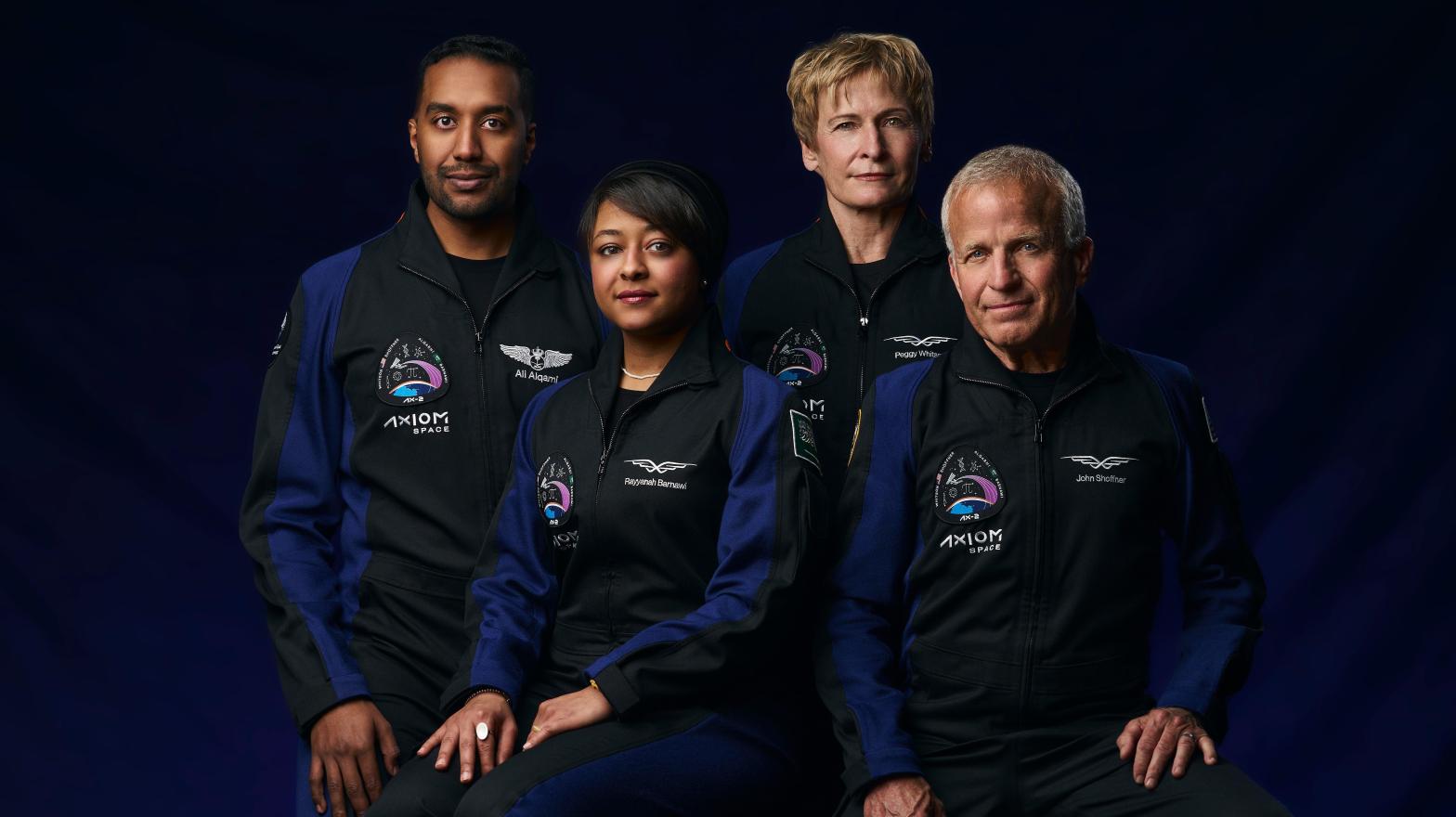 The Ax-2 crew, from left to right: Ali Alqarni, Rayyanah Barnawi. Peggy Whitson, and John Shoffner. (Image: Axiom Space)