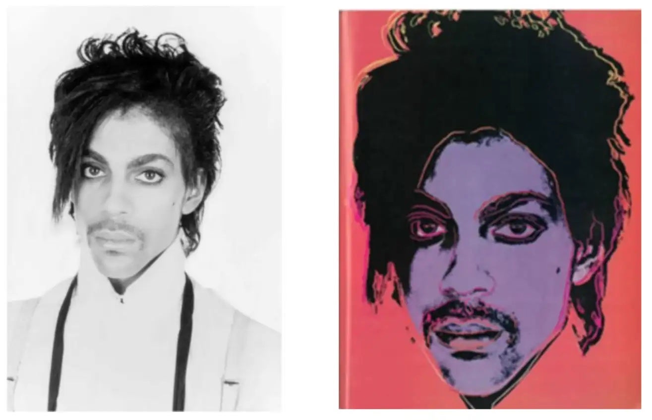 Lynn Goldsmith's photo of Prince (left) was used to create a series of 16 silkscreen prints by Andy Warhol. (Screenshot: Collection of the Supreme Court of the United States)