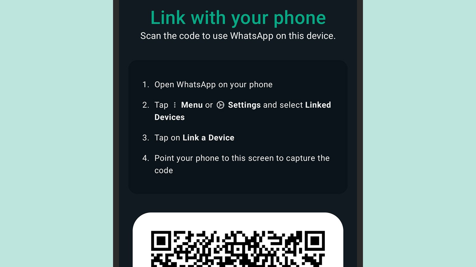 Phone linking is done via a QR code. (Screenshot: WhatsApp)