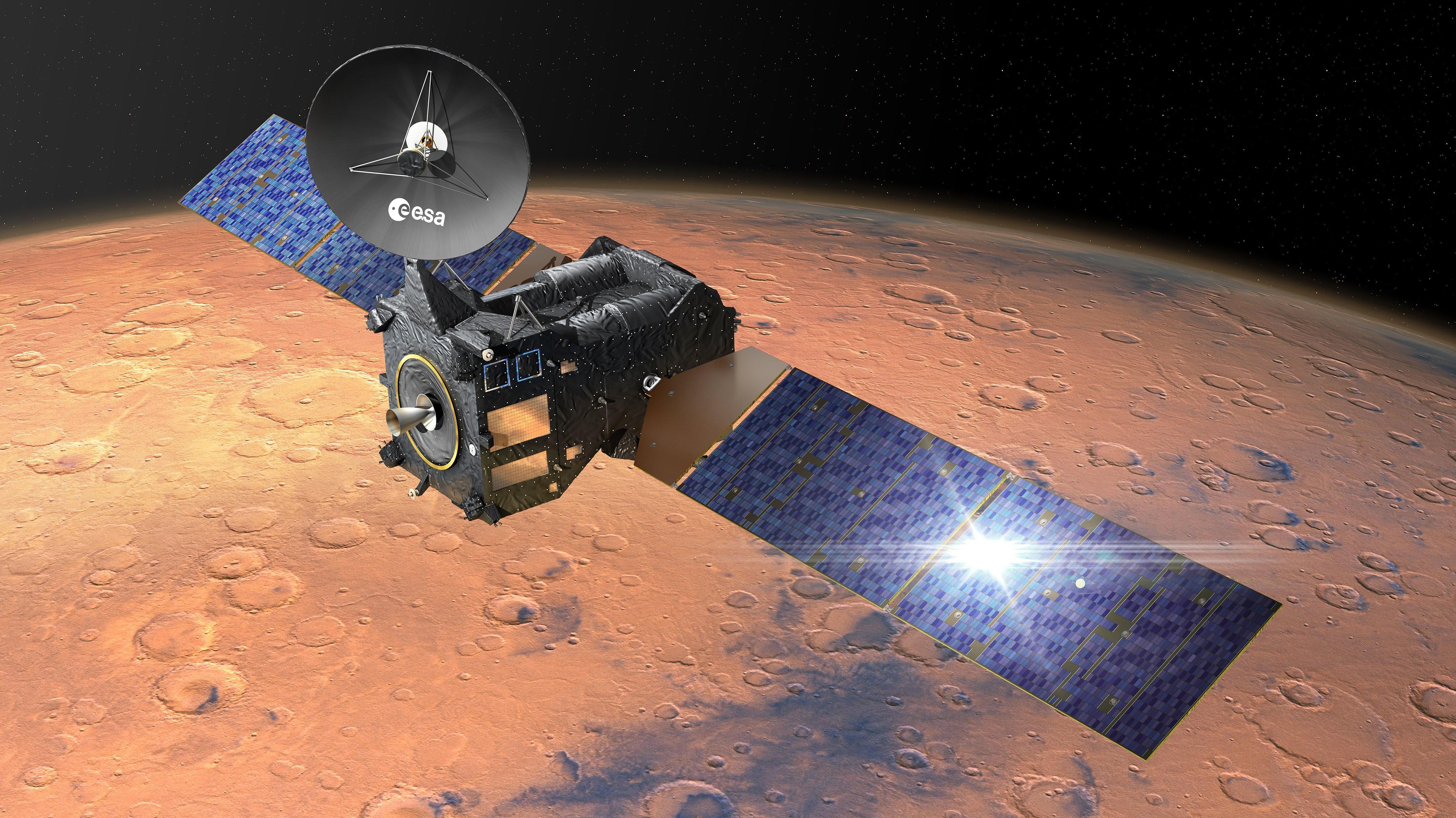 Artist's impression of the ESA's Trace Gas Orbiter, which is currently in orbit around Mars.  (Image: ESA)