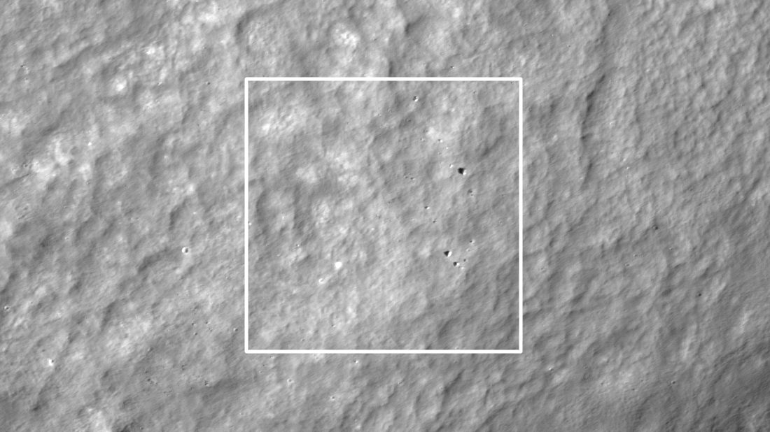 A view of the lunar surface and suspected crash site one day after the failed landing attempt.  (Image: NASA/GSFC/Arizona State University)