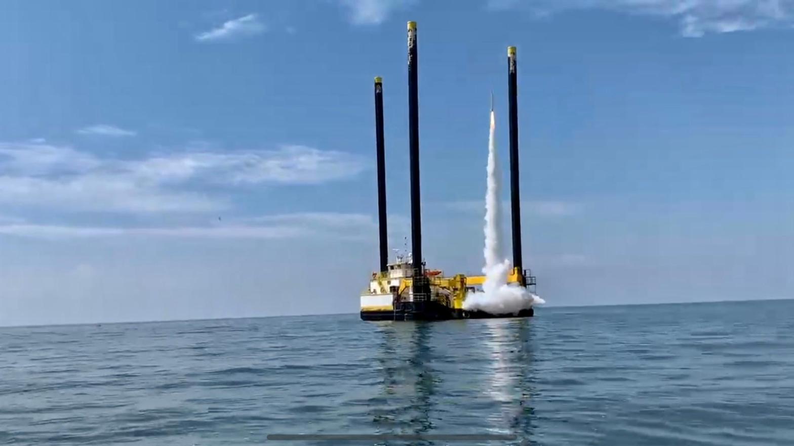 A rocket launched from a platform floating in the water in the Gulf of Mexico on May 22, 2023. (Photo: Evolution Space)