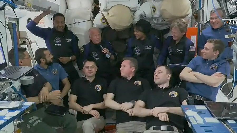 It's getting crowded on the ISS with 11 crew members currently living and working on board the orbiting station. (Photo: NASA TV)