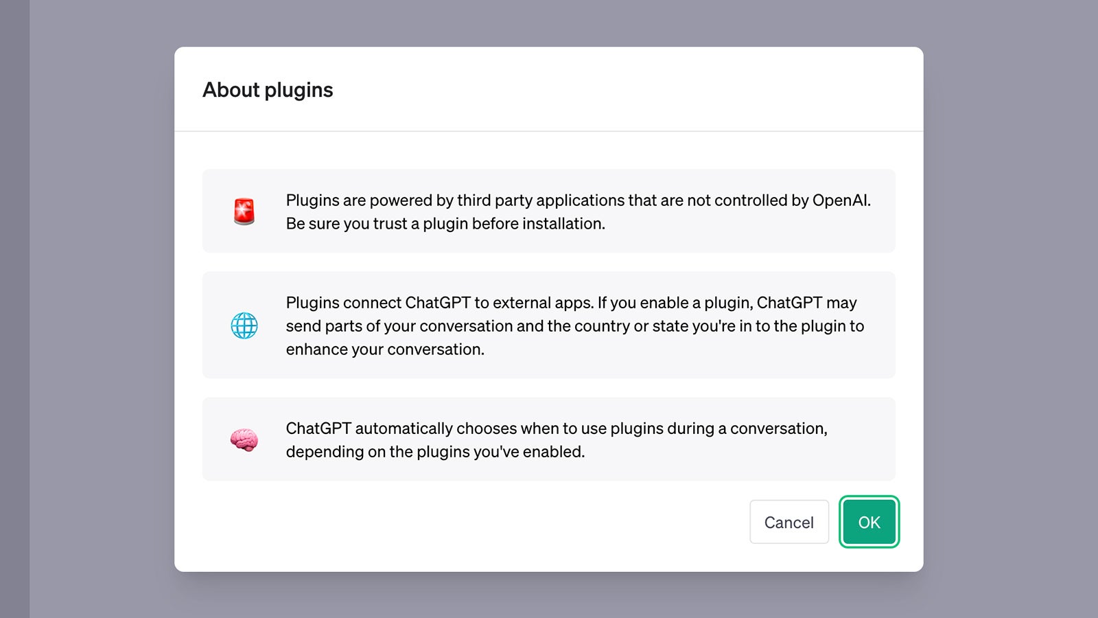 As ChatGPT will tell you, you need to trust the plugins you install. (Screenshot: ChatGPT)
