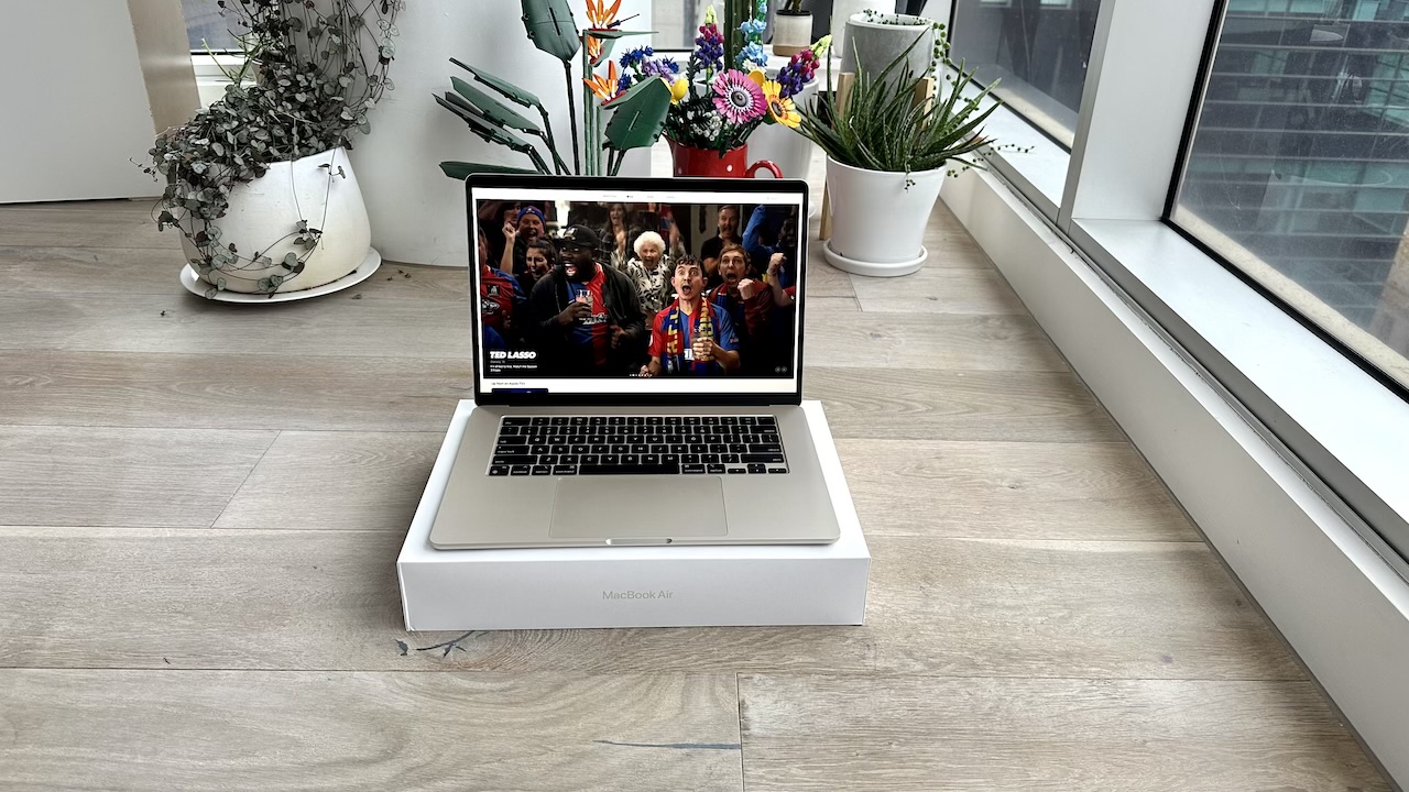 15” MacBook Air with a still from Ted Lasso on the screen