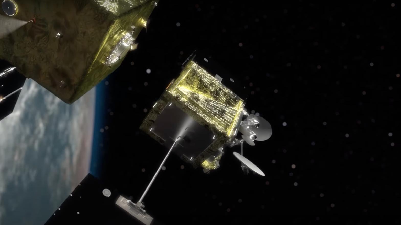 Astroscale's satellite stalking a defunct satellite in orbit to throw it towards Earth's atmosphere.  (Screenshot: Astroscale)