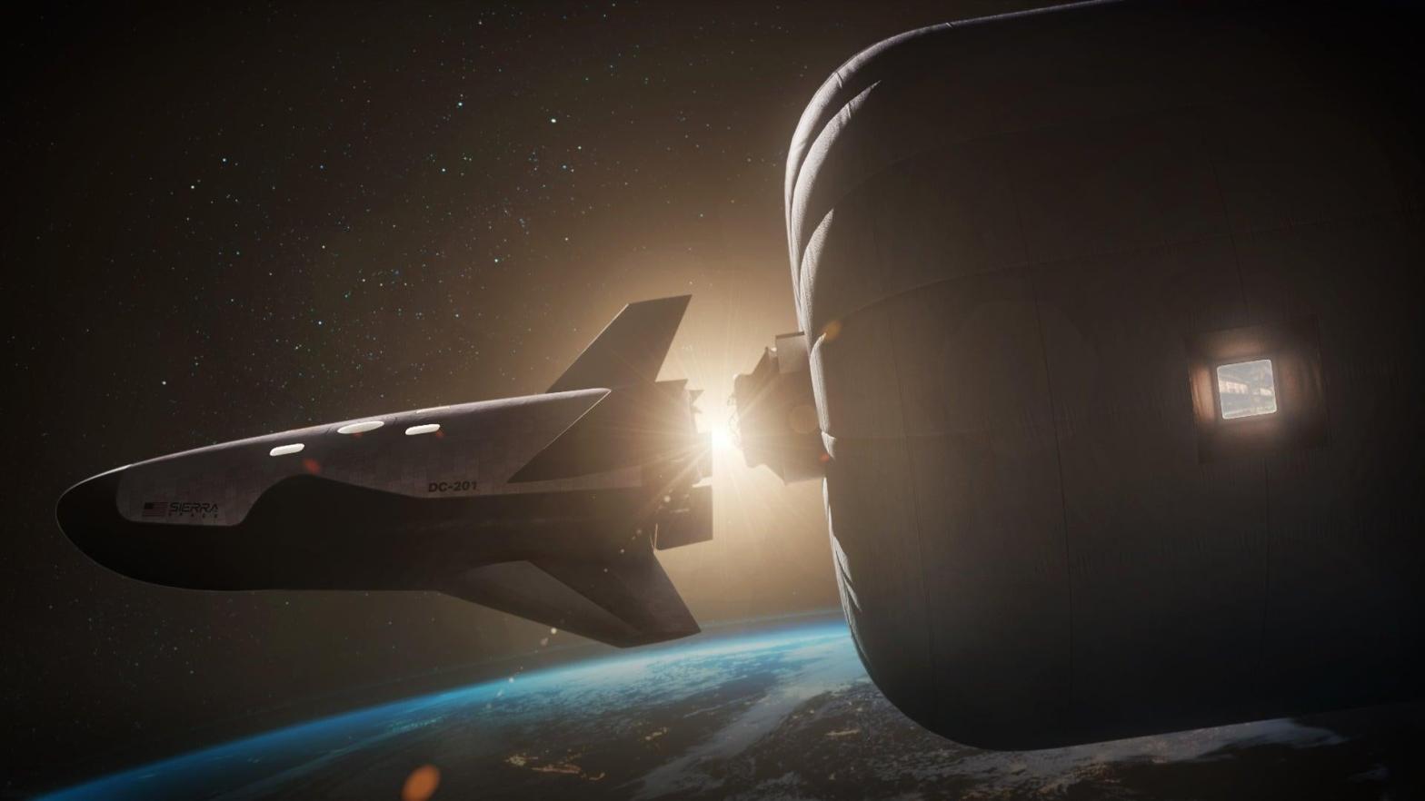 An illustration of Sierra Space's (one of the 7 companies selected) crewed Dream Chaser spaceplane docking to the LIFE habitat. (Illustration: Sierra Space)