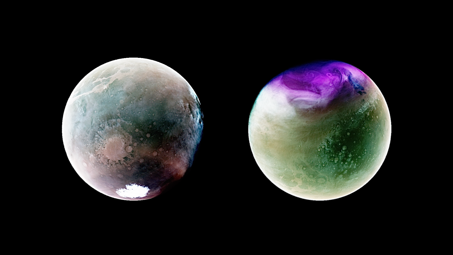 A side by side of two images of Mars captured by NASA's MAVEN spacecraft.  (Image: NASA/LASP/CU Boulder)