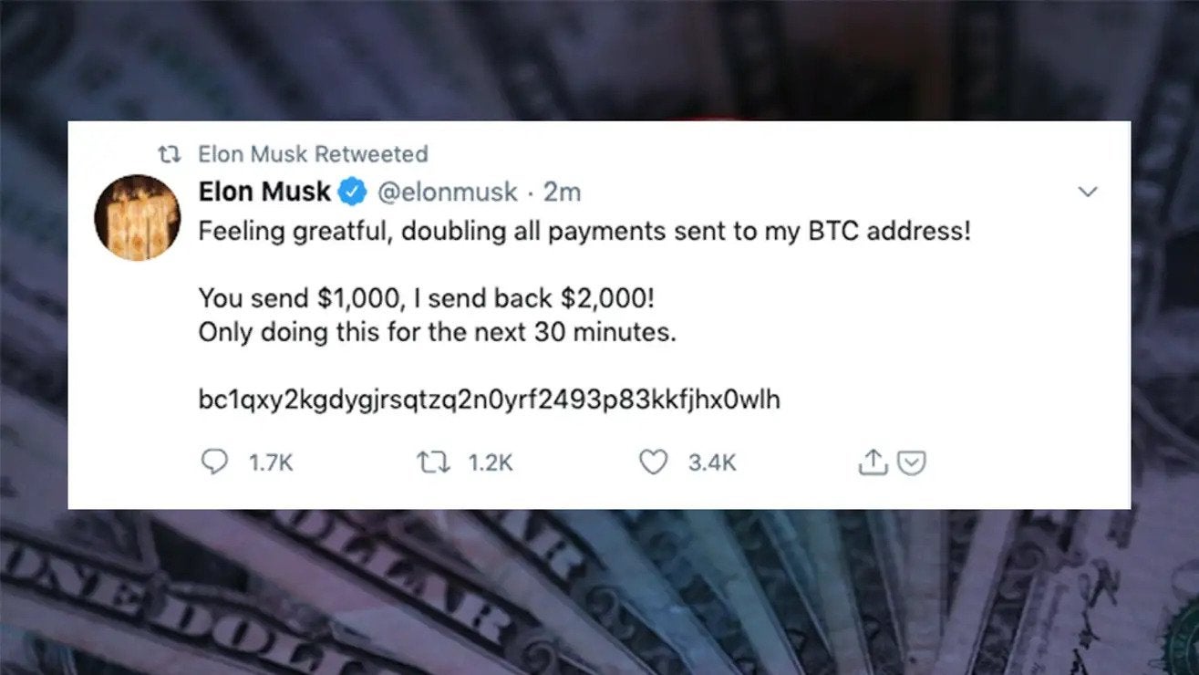 One of the many scam tweets posted during the great Twitter hack of 2020.  (Image: Gizmodo / Getty / Twitter)