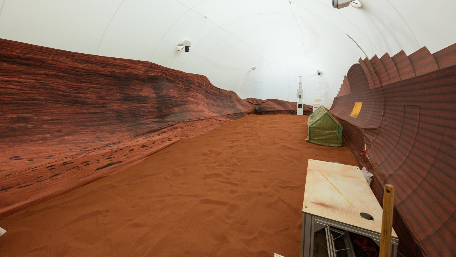 The simulated Mars habitat includes a 1,200-square-foot sandbox with red sand to simulate the Martian landscape.  (Photo: NASA)
