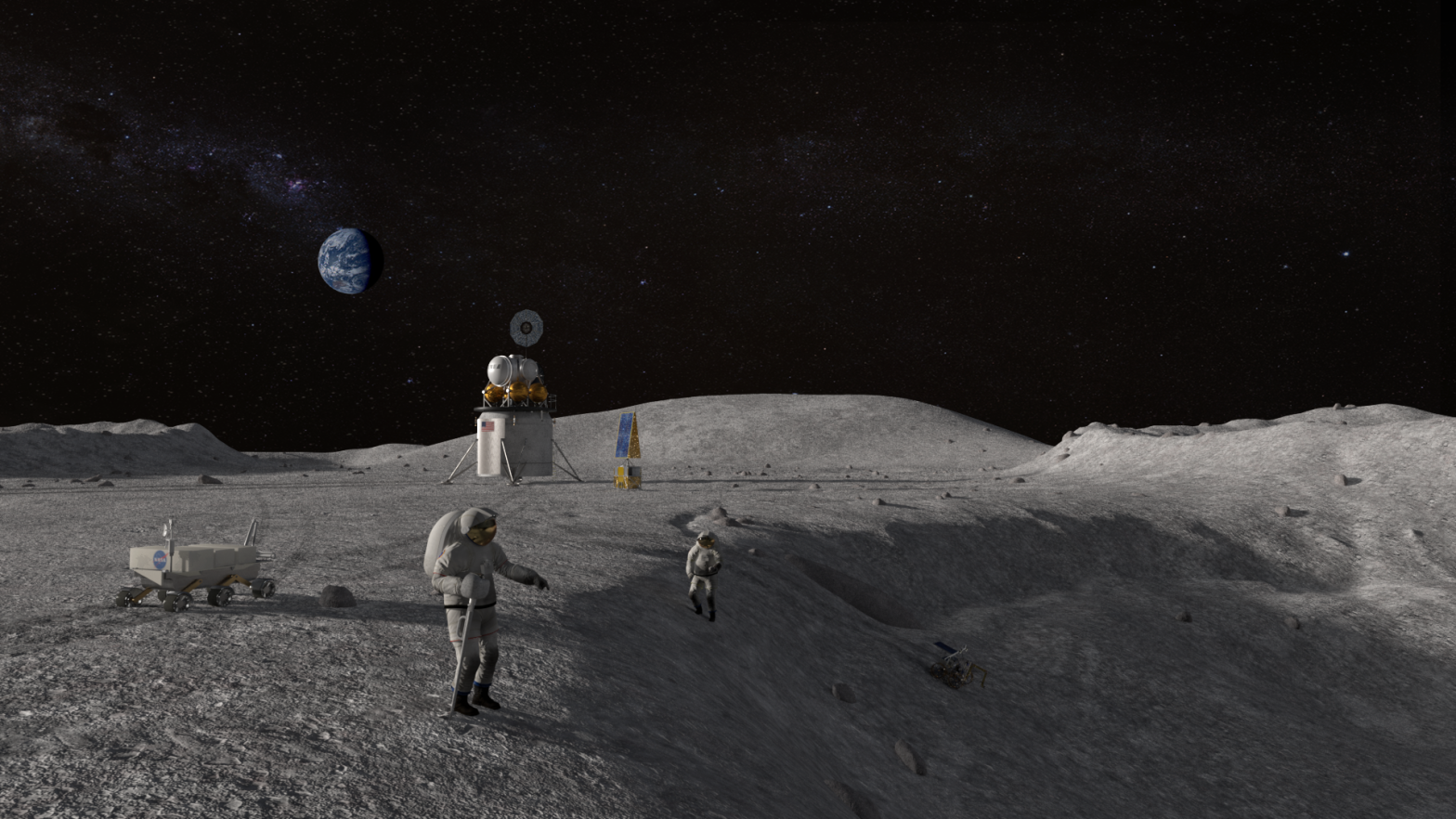 An illustration of future Artemis astronauts on the surface of the Moon. (Illustration: NASA)