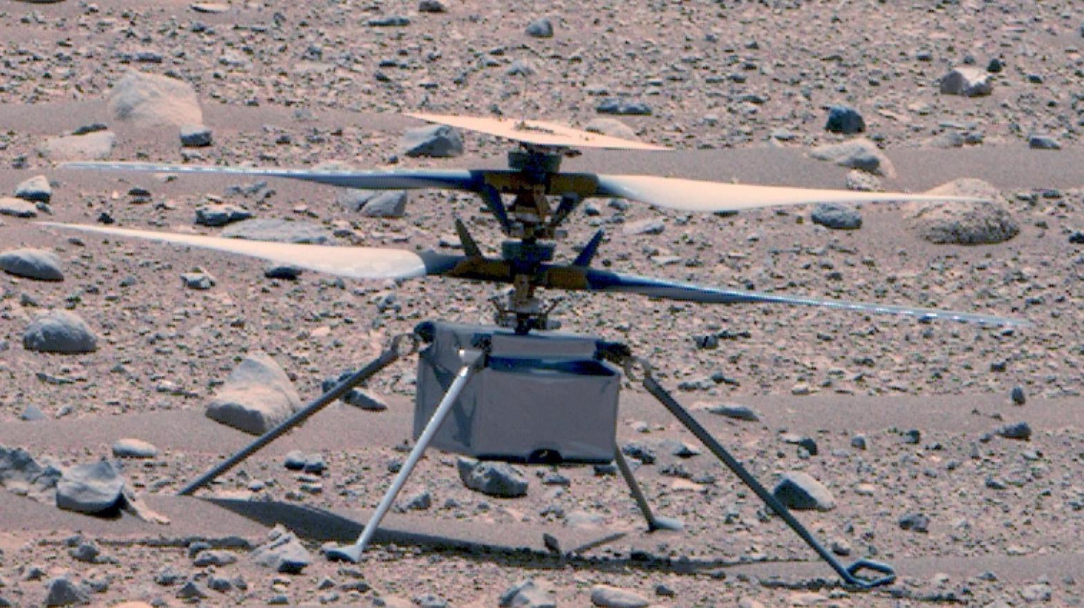 The Perseverance rover captured this photo of the Ingenuity helicopter on the surface of Mars on April 16. (Image: NASA/JPL-Caltech/ASU/MSSS)