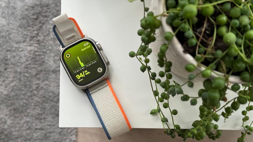 Apple Watch Ultra 2 on a table with the exercise app