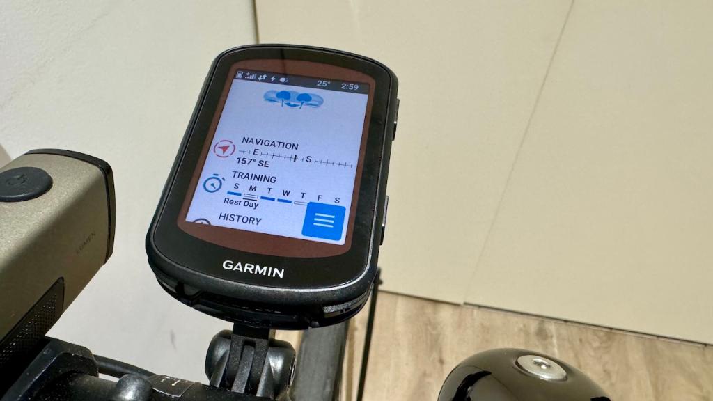 Garmin Edge 840 Solar bike computer with navigation and training schedule on screen