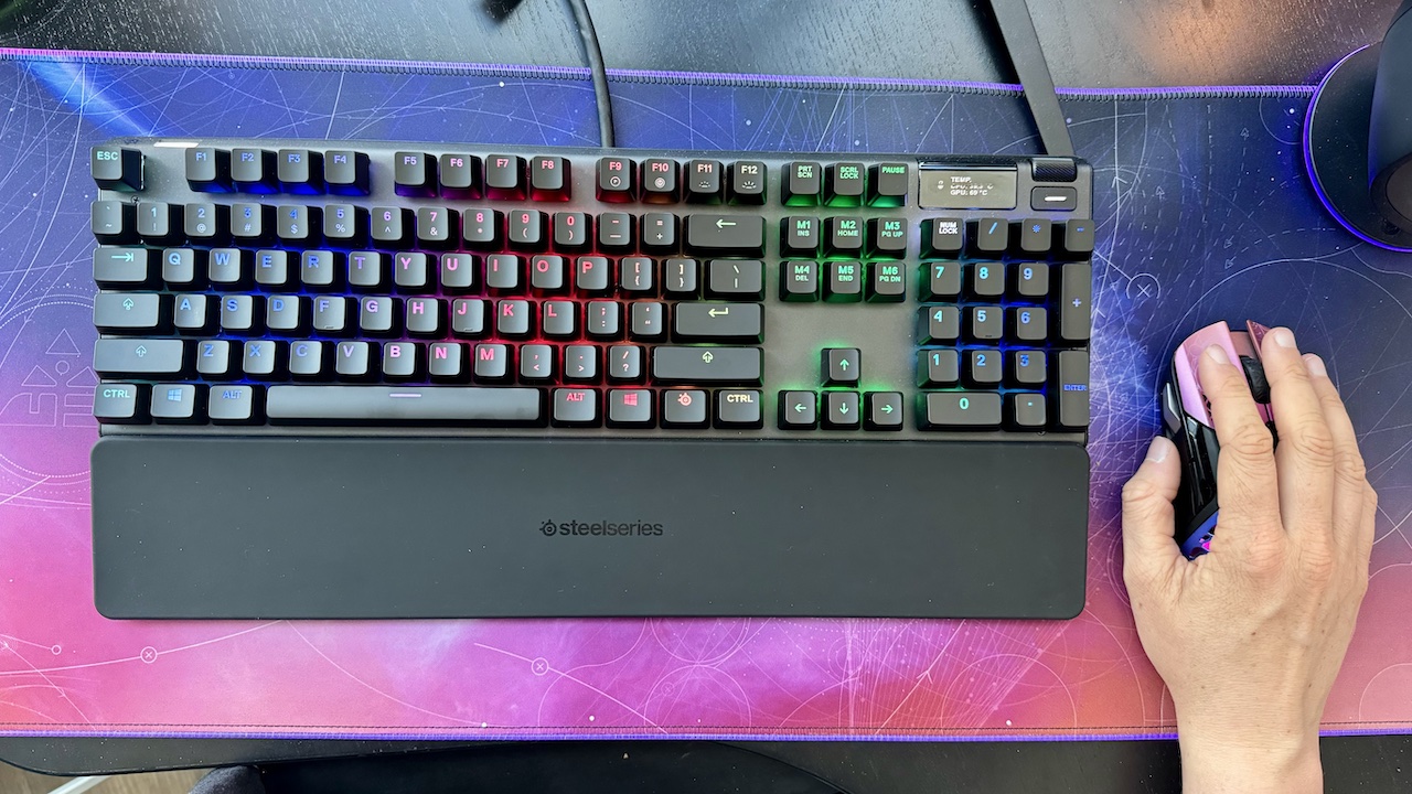 A lit up gaming keyboard
