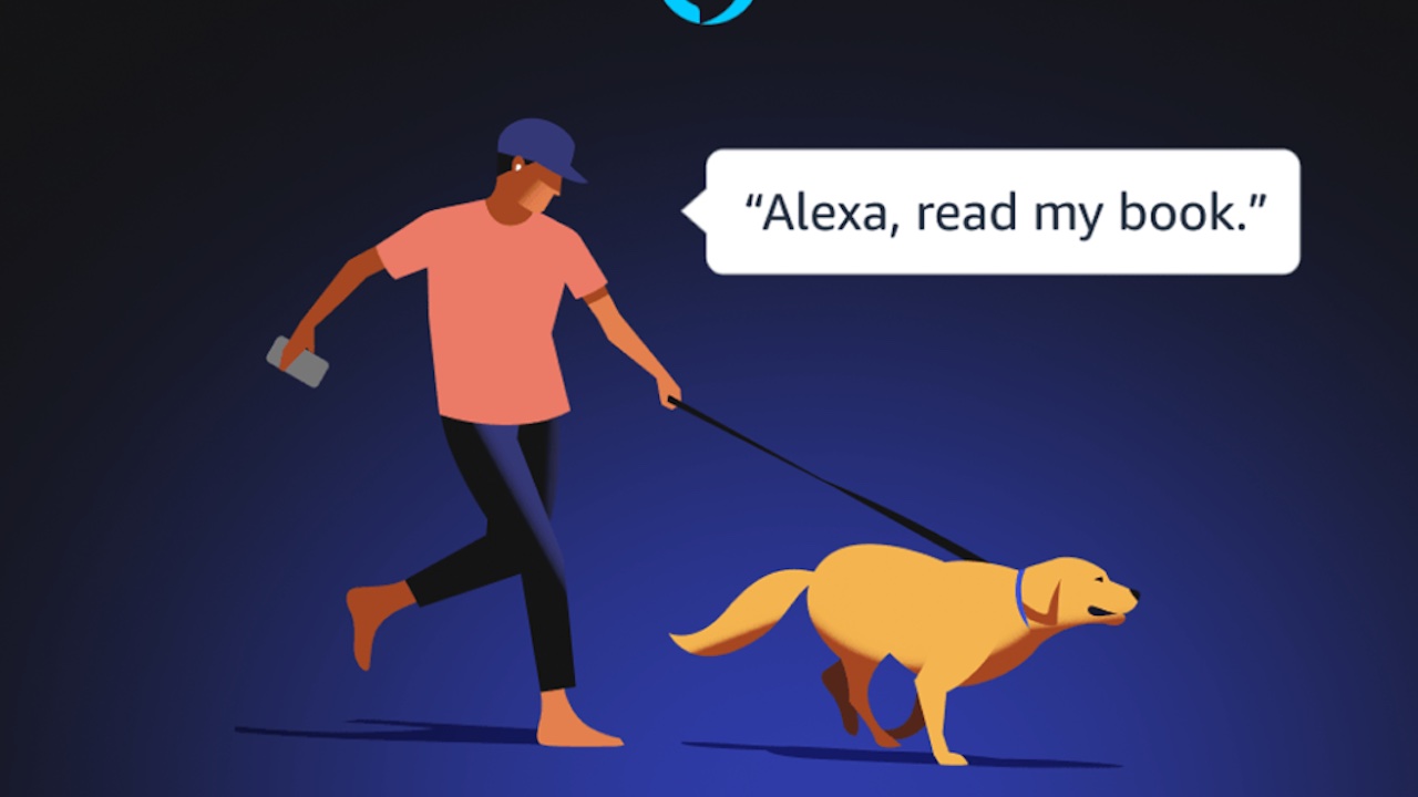 A cartoon of a person walking a dog, asking Alexa to read a book.