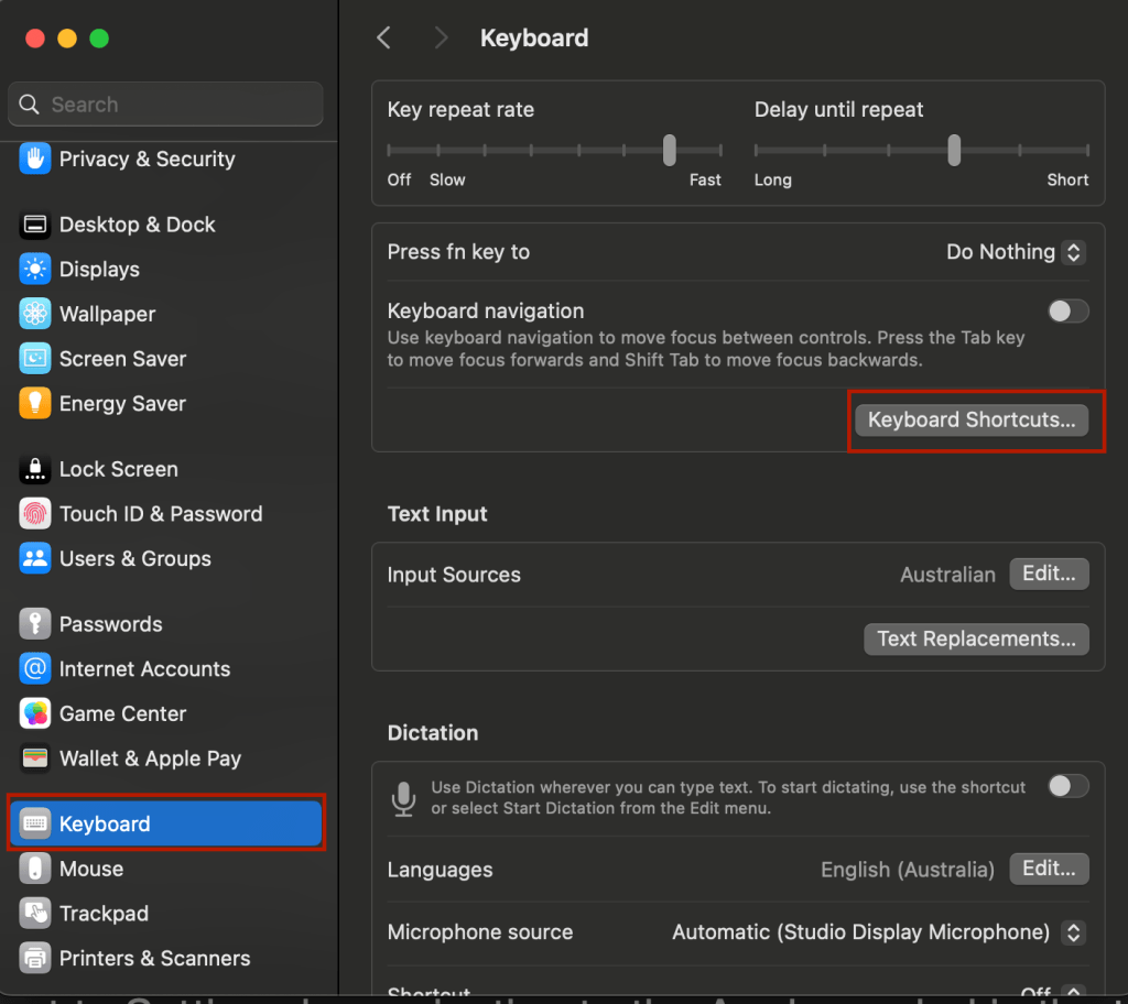 Keyboard settings menu on an apple Mac